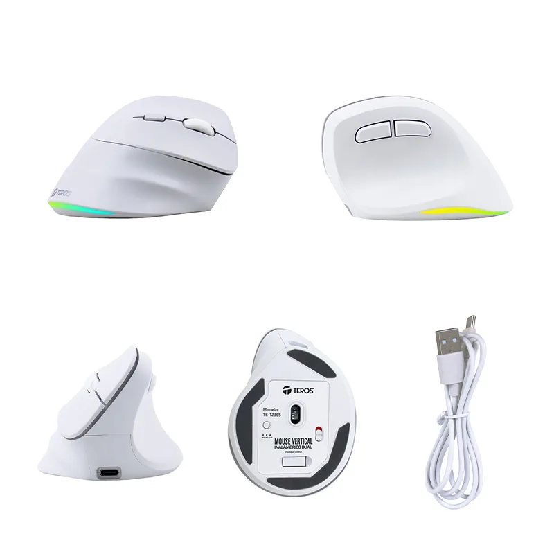 Mouse inalámbrico TEROS TE-1236S, RGB, Blanco, 6 botones con rueda